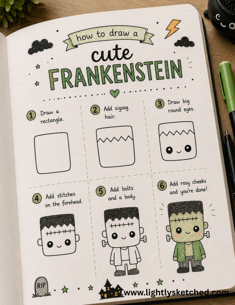 Easy step-by-step cute Frankenstein Halloween doodle tutorial.