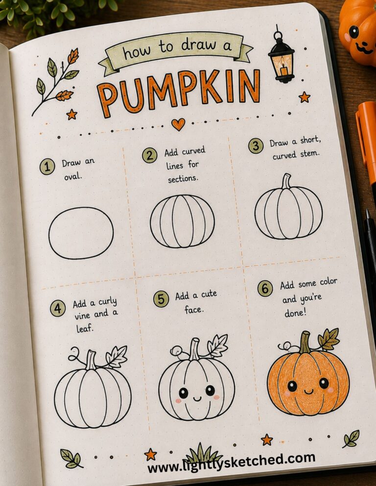 Step-by-step tutorial showing how to draw an easy Halloween pumpkin.