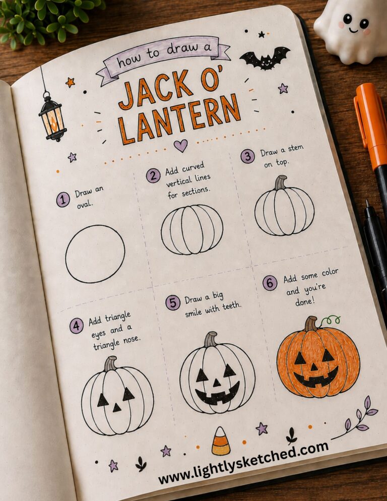 Easy step-by-step jack-o'-lantern Halloween drawing tutorial.