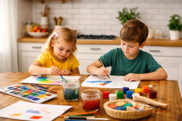 children painting in the kitchen